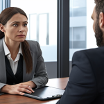 **A lawyer actively listening to a client in a modern office setting. Focus on expressions of empathy and understanding. The scene should convey trust and a strong professional relationship.**