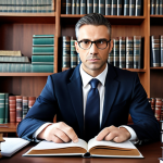 **

*Prompt:* A confident lawyer in a modern office, reviewing documents with a focused expression. Bookshelves filled with law books are in the background.

**