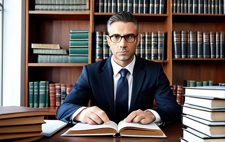 **

*Prompt:* A confident lawyer in a modern office, reviewing documents with a focused expression. Bookshelves filled with law books are in the background.

**