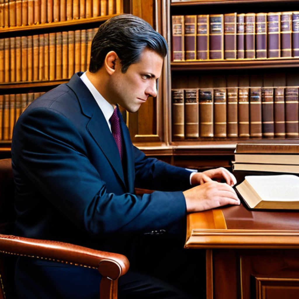 **Prompt for Traditional Legal Approach:**
    A professional male lawyer in a modest, dark business suit, seated at a large wooden desk in a classic law library filled with towering shelves of physical legal books. He is fully clothed, reviewing a large, open, leather-bound legal tome with a thoughtful, focused expression. The background features warm, ambient lighting creating a scholarly and established atmosphere. safe for work, appropriate content, professional, perfect anatomy, correct proportions, natural pose, well-formed hands, proper finger count, natural body proportions, professional photography, high quality, studio lighting.