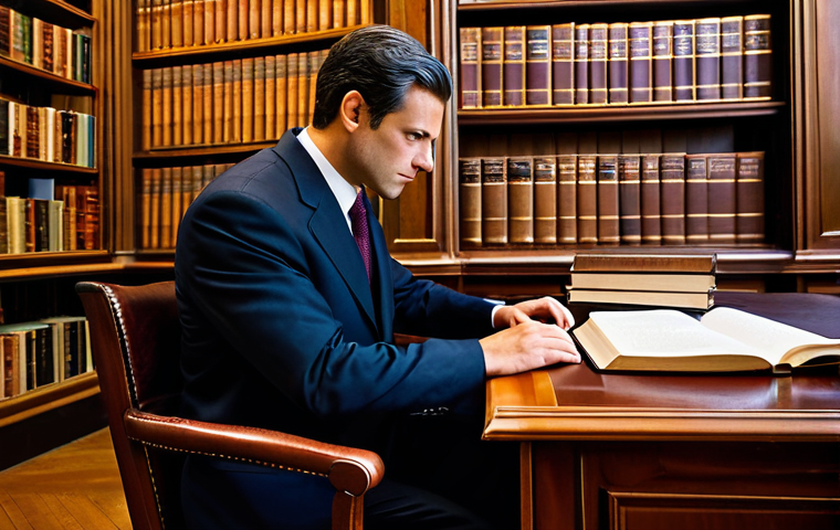 **Prompt for Traditional Legal Approach:**
    A professional male lawyer in a modest, dark business suit, seated at a large wooden desk in a classic law library filled with towering shelves of physical legal books. He is fully clothed, reviewing a large, open, leather-bound legal tome with a thoughtful, focused expression. The background features warm, ambient lighting creating a scholarly and established atmosphere. safe for work, appropriate content, professional, perfect anatomy, correct proportions, natural pose, well-formed hands, proper finger count, natural body proportions, professional photography, high quality, studio lighting.