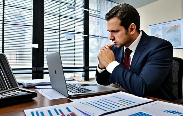 A focused professional legal analyst, fully clothed in a modest business suit, deeply engrossed in unraveling a complex legal problem. They are seated at a large, modern desk in a sophisticated office, surrounded by stacks of legal documents and a laptop displaying intricate data visualizations. The scene subtly conveys the idea of peeling back layers of information, with elements suggesting deep analytical thought. The atmosphere is quiet and intellectual. Safe for work, appropriate content, perfect anatomy, correct proportions, natural pose, well-formed hands, proper finger count, professional photography, high quality.