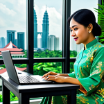 **

A professional Malaysian businesswoman in a modest baju kurung (traditional Malay dress), working on a laptop at a modern office desk, surrounded by lush green indoor plants.  Background shows a cityscape view of Kuala Lumpur.  Fully clothed, appropriate attire, safe for work, perfect anatomy, natural proportions, professional digital art, high quality, vibrant colors.

**