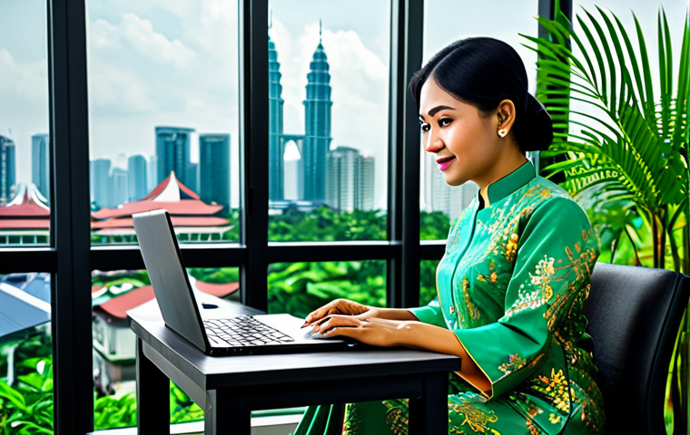 **

A professional Malaysian businesswoman in a modest baju kurung (traditional Malay dress), working on a laptop at a modern office desk, surrounded by lush green indoor plants.  Background shows a cityscape view of Kuala Lumpur.  Fully clothed, appropriate attire, safe for work, perfect anatomy, natural proportions, professional digital art, high quality, vibrant colors.

**
