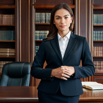 **

"A professional female lawyer in a modest, dark-colored business suit, standing confidently in a modern law office, fully clothed, appropriate attire, safe for work. Background features bookshelves filled with legal books and soft, natural lighting. Perfect anatomy, correct proportions, natural pose, professional, family-friendly, high quality image."

**