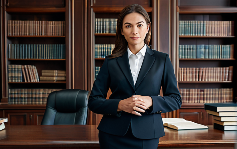 **

"A professional female lawyer in a modest, dark-colored business suit, standing confidently in a modern law office, fully clothed, appropriate attire, safe for work. Background features bookshelves filled with legal books and soft, natural lighting. Perfect anatomy, correct proportions, natural pose, professional, family-friendly, high quality image."

**