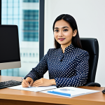 법률 자문가의 비즈니스 법률 자문 - "A Malaysian businesswoman in a modest baju kurung, sitting at a desk in a modern Kuala Lumpur offic...