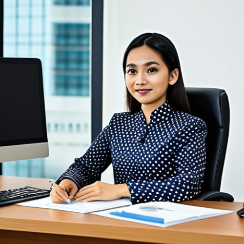 Home 8 법률 자문가의 비즈니스 법률 자문 - "A Malaysian businesswoman in a modest baju kurung, sitting at a desk in a modern Kuala Lumpur offic...
