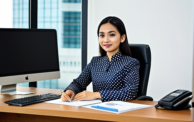 법률 자문가의 비즈니스 법률 자문 - "A Malaysian businesswoman in a modest baju kurung, sitting at a desk in a modern Kuala Lumpur offic...