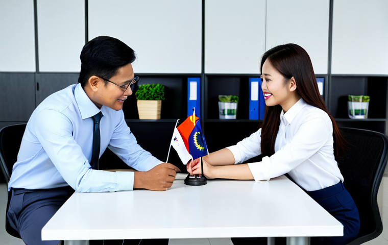 법률 자문가의 비즈니스 법률 자문 - "A Malaysian businesswoman in a modest baju kurung, sitting at a desk in a modern Kuala Lumpur offic...