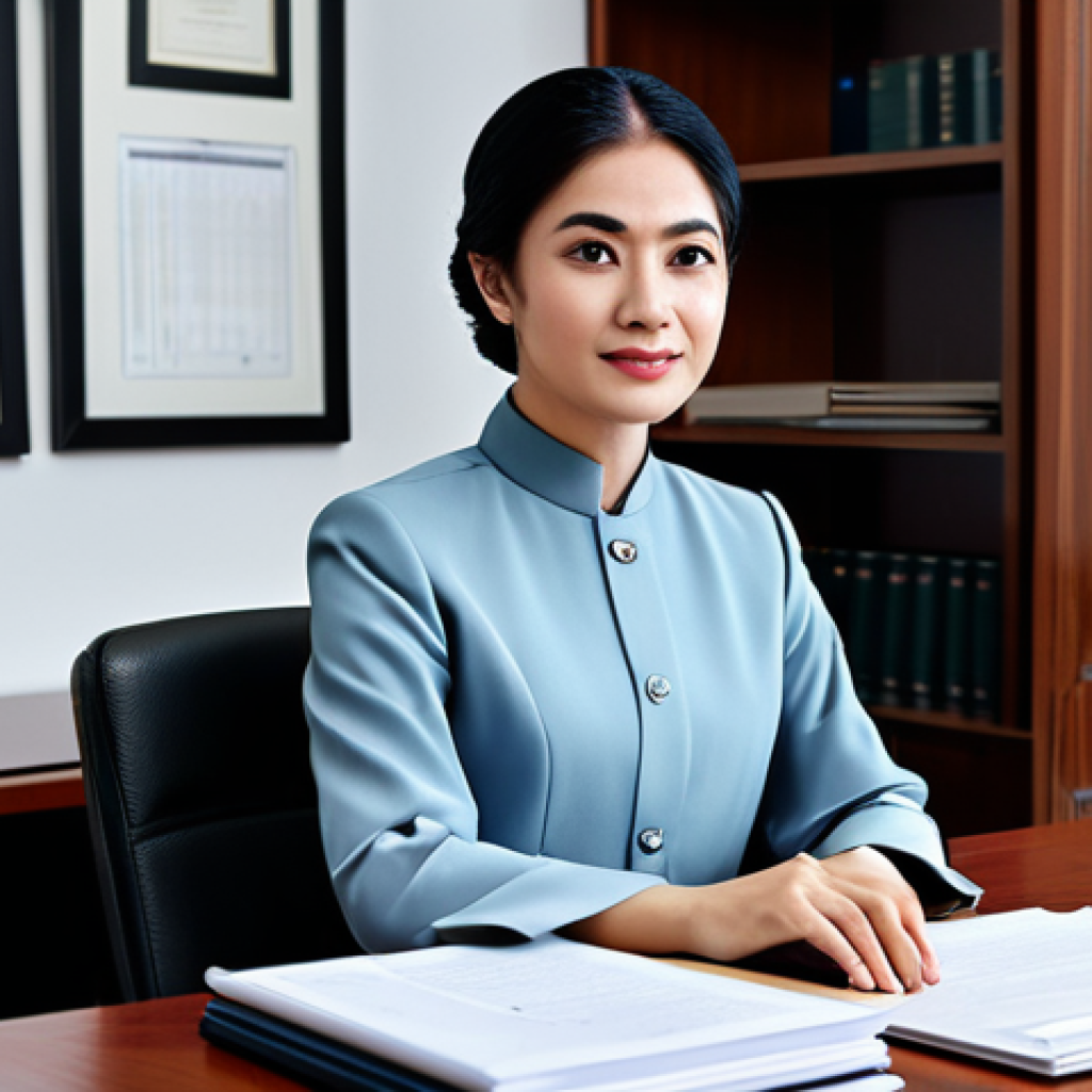 법률 자문가의 성공적인 사건 관리 - "A professional lawyer in a modest baju kurung, sitting at a well-organized desk with legal document...