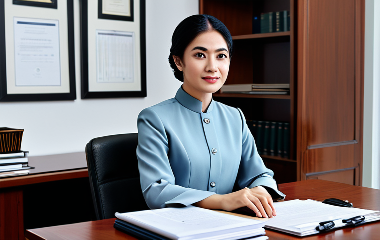 법률 자문가의 성공적인 사건 관리 - "A professional lawyer in a modest baju kurung, sitting at a well-organized desk with legal document...