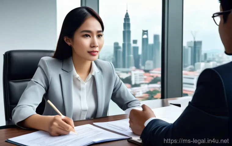법률 자문가의 사건 대응 전략 - A professional Malaysian female lawyer, dressed in a modest, modern business suit, is seated across ...