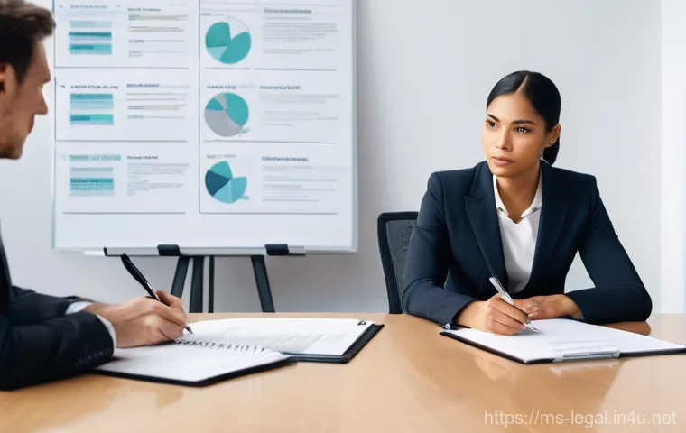 법률 자문가의 업무 통제 방법 - **Prompt:** A close-up view of a diverse male client and his female lawyer, both wearing professiona...