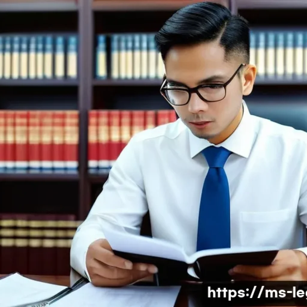 법률 자문가의 법적 문서 작성법 - A professional Malaysian lawyer in a modern law office, wearing formal business attire, carefully re...