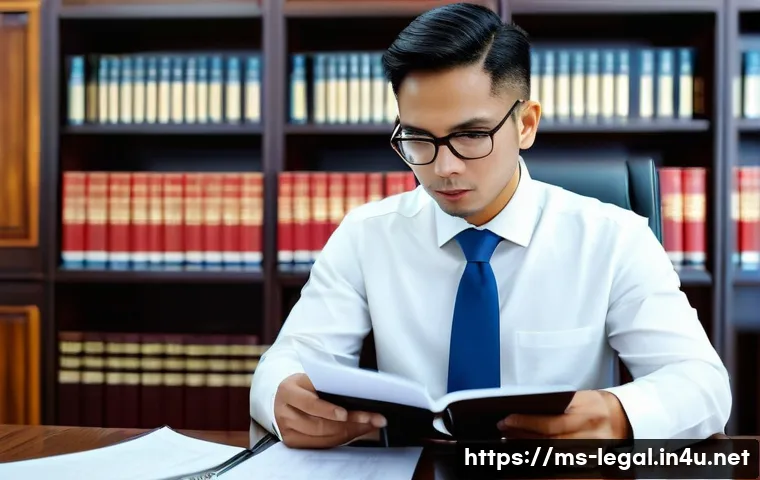 법률 자문가의 법적 문서 작성법 - A professional Malaysian lawyer in a modern law office, wearing formal business attire, carefully re...