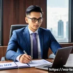 법률자문가의 직무 만족도 향상 - A professional Malaysian legal advisor in a modern office setting, wearing formal business attire in...