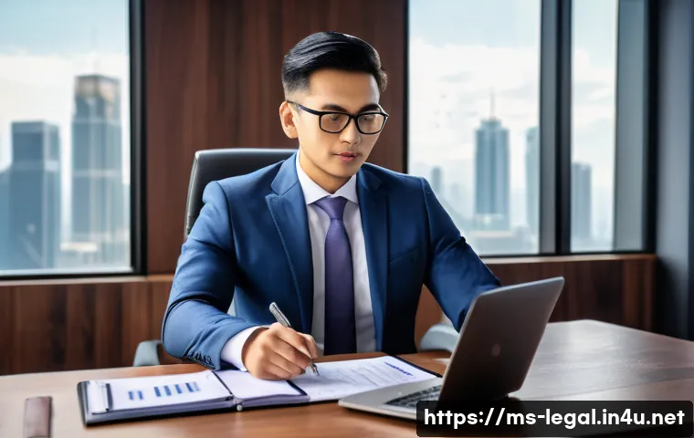 법률자문가의 직무 만족도 향상 - A professional Malaysian legal advisor in a modern office setting, wearing formal business attire in...