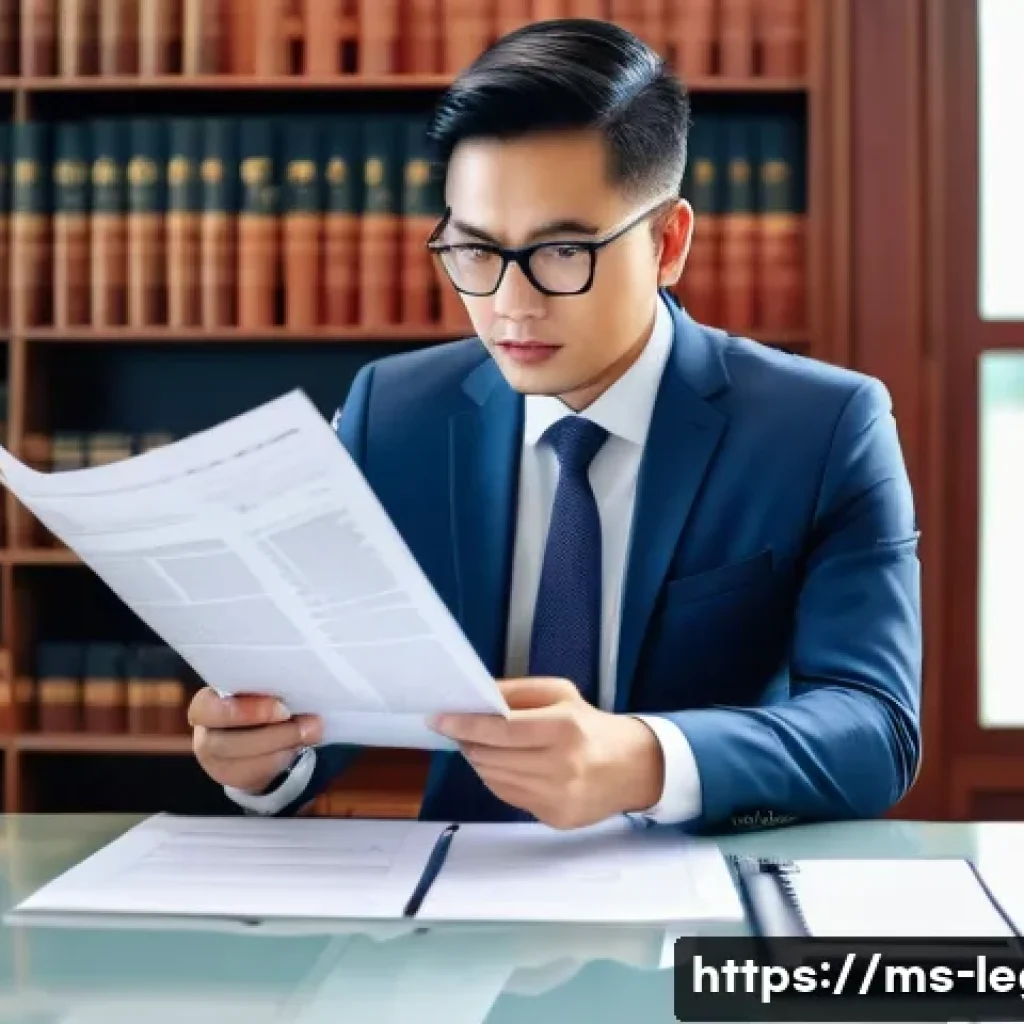 법률 실무 필수 체크리스트 - A professional Malaysian lawyer in a modern office setting, meticulously reviewing a detailed legal ...