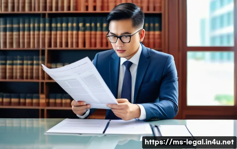법률 실무 필수 체크리스트 - A professional Malaysian lawyer in a modern office setting, meticulously reviewing a detailed legal ...