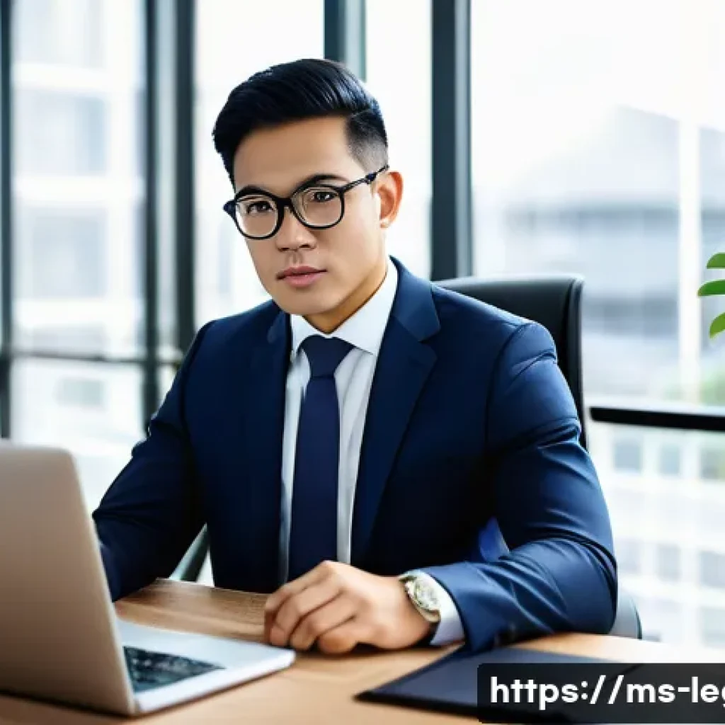 법률 자문가의 일과 삶 균형 유지법 - A professional Malay lawyer in a modern office setting, wearing formal business attire with a neatly...