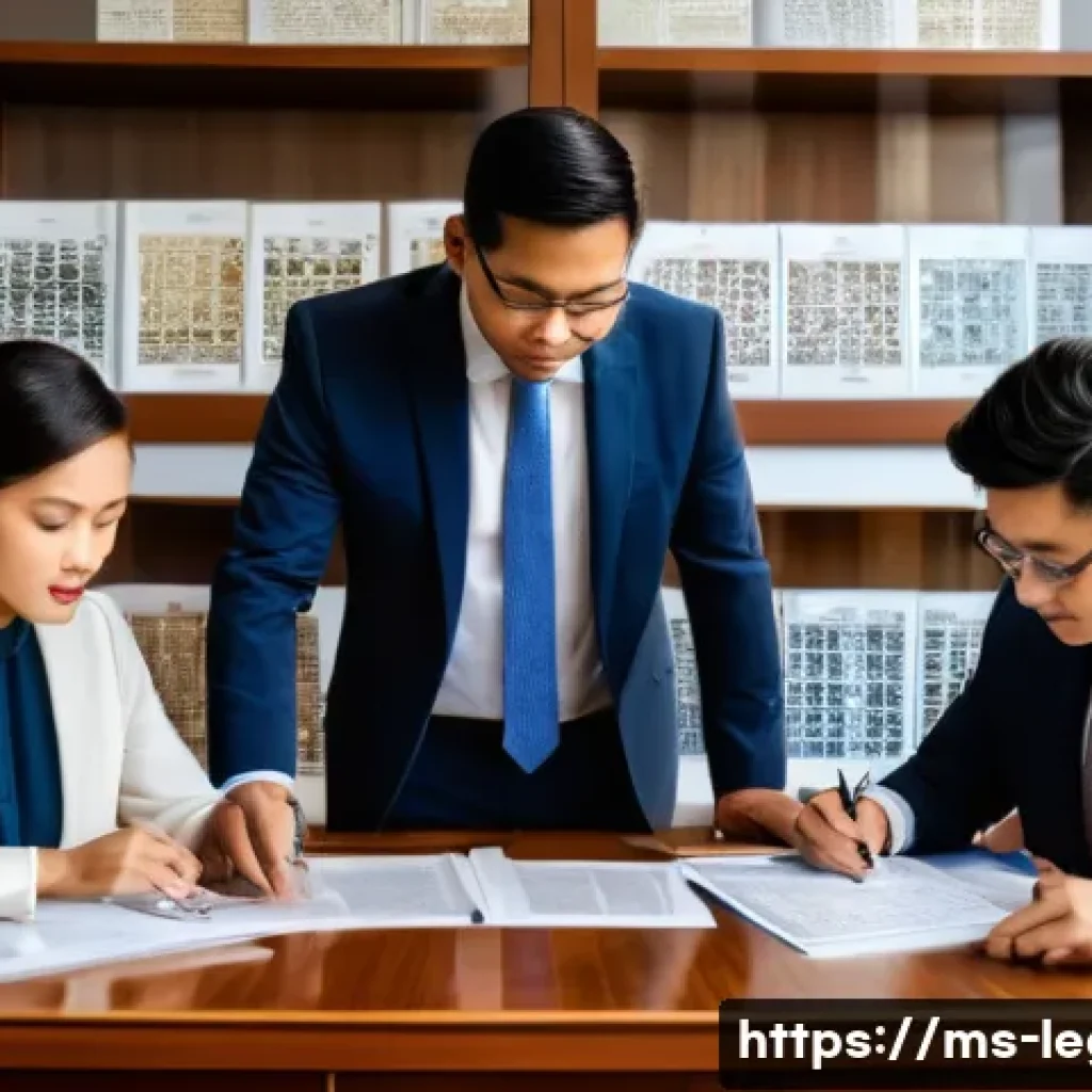 법률 자문가 업무 분담 - A modern Malaysian law firm office scene showing a senior lawyer (Peguam Kanan) in formal business a...