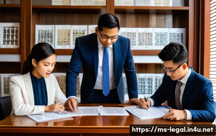 법률 자문가 업무 분담 - A modern Malaysian law firm office scene showing a senior lawyer (Peguam Kanan) in formal business a...