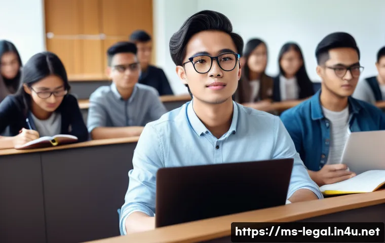 법률 자문가의 커리어 로드맵 - A modern Malaysian law student attending a university lecture hall, surrounded by textbooks on crimi...