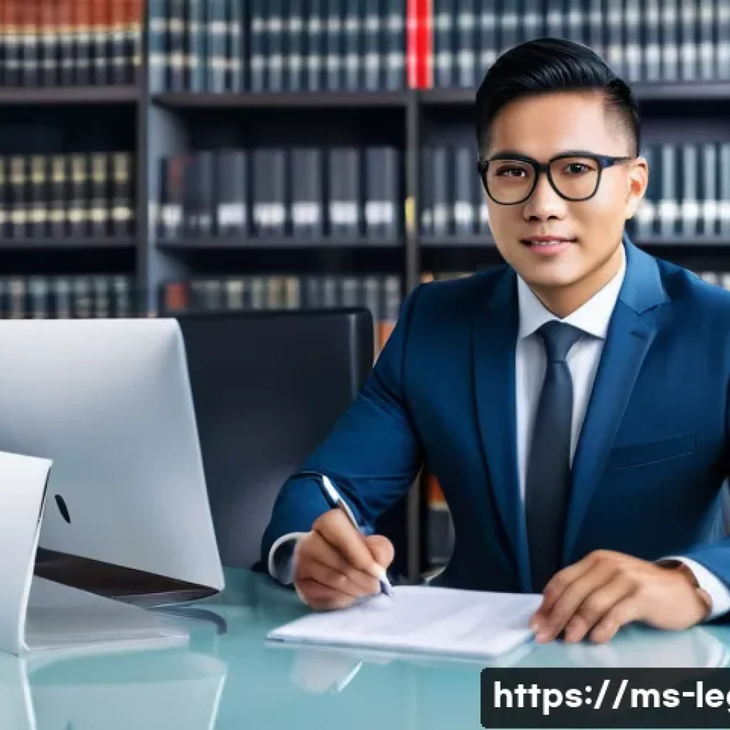 법률 자문가의 진로 탐색 - A professional legal advisor in a modern Malaysian law office, wearing a smart business suit and gla...