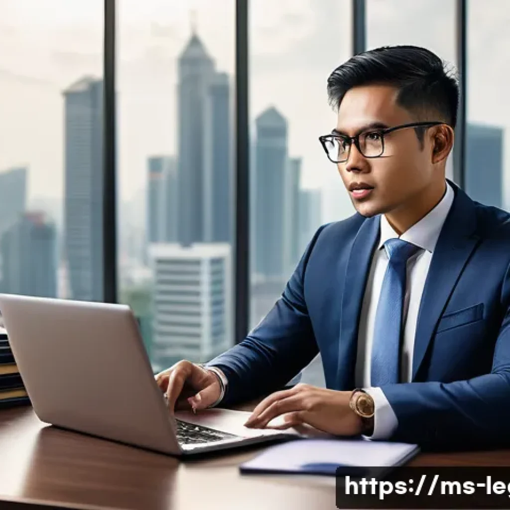 법률자문가 일일 업무 - A professional Malaysian legal advisor in a modern office, deeply focused on analyzing legal documen...