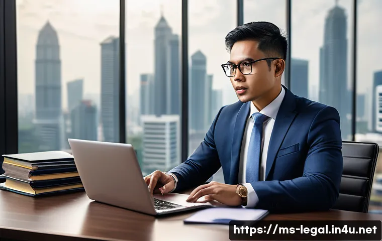 법률자문가 일일 업무 - A professional Malaysian legal advisor in a modern office, deeply focused on analyzing legal documen...