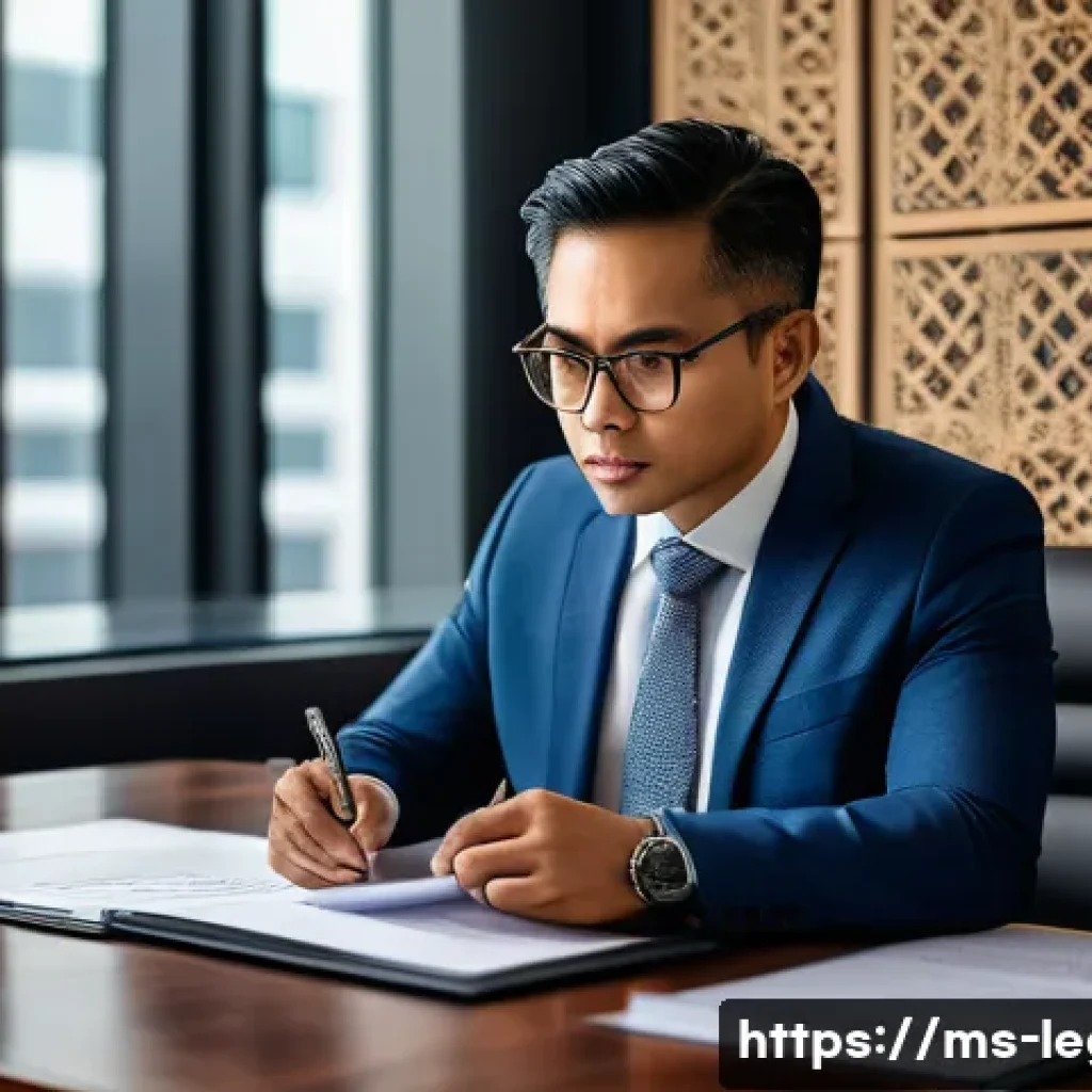 법률 자문가의 일상 속 법률적 판단 - A professional Malaysian legal advisor in a modern office setting, wearing smart business attire and...