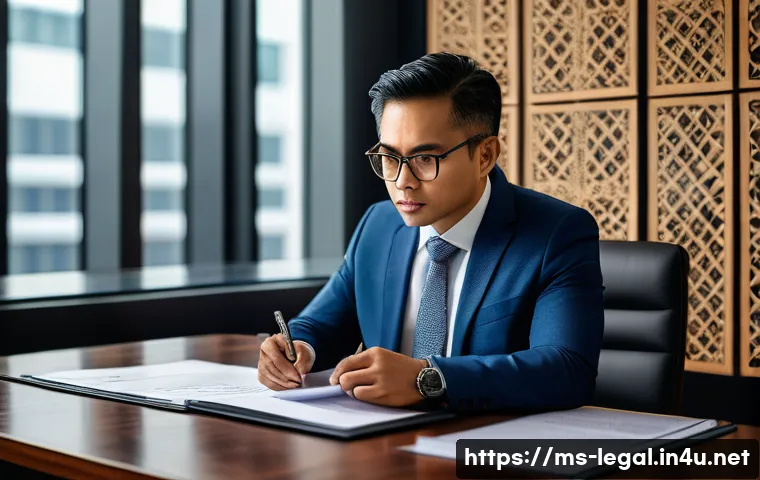 법률 자문가의 일상 속 법률적 판단 - A professional Malaysian legal advisor in a modern office setting, wearing smart business attire and...