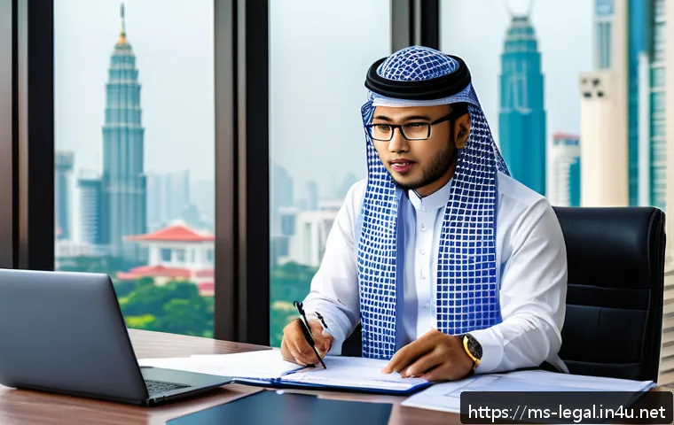 법률자문가 커리어 패스 - A professional Malaysian legal advisor in a modern office setting, dressed in formal business attire...