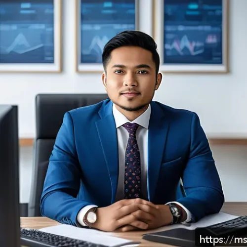 법률 자문가의 커리어 발전 - A professional Malay male lawyer in a modern office setting, wearing formal business attire with a n...