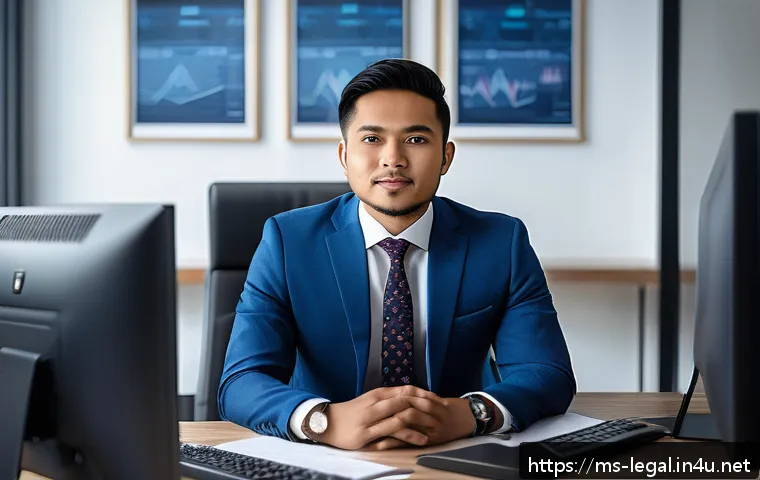 법률 자문가의 커리어 발전 - A professional Malay male lawyer in a modern office setting, wearing formal business attire with a n...