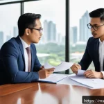 법률 자문가의 상담 전략 - A professional negotiation scene set in a modern Malaysian office, featuring two diverse lawyers in ...