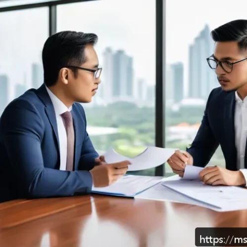 법률 자문가의 상담 전략 - A professional negotiation scene set in a modern Malaysian office, featuring two diverse lawyers in ...