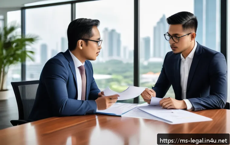 법률 자문가의 상담 전략 - A professional negotiation scene set in a modern Malaysian office, featuring two diverse lawyers in ...